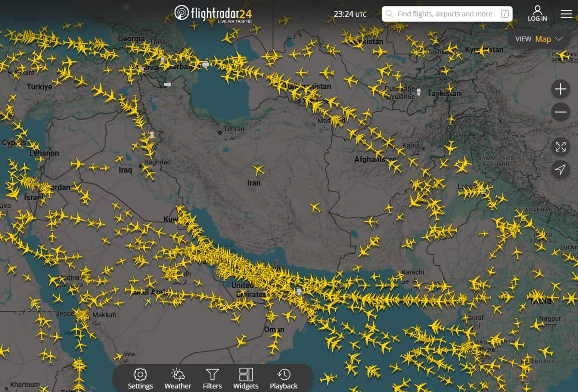 Captura de la pagina Flightradar24 donde se visualiza en tráfico aéreo sobre y alrededor de Irán. EFE/ Flightradar24 /SOLO USO EDITORIAL/ SOLO DISPONIBLE PARA ILUSTRAR LA NOTICIA QUE ACOMPAÑA (CRÉDITO OBLIGATORIO)