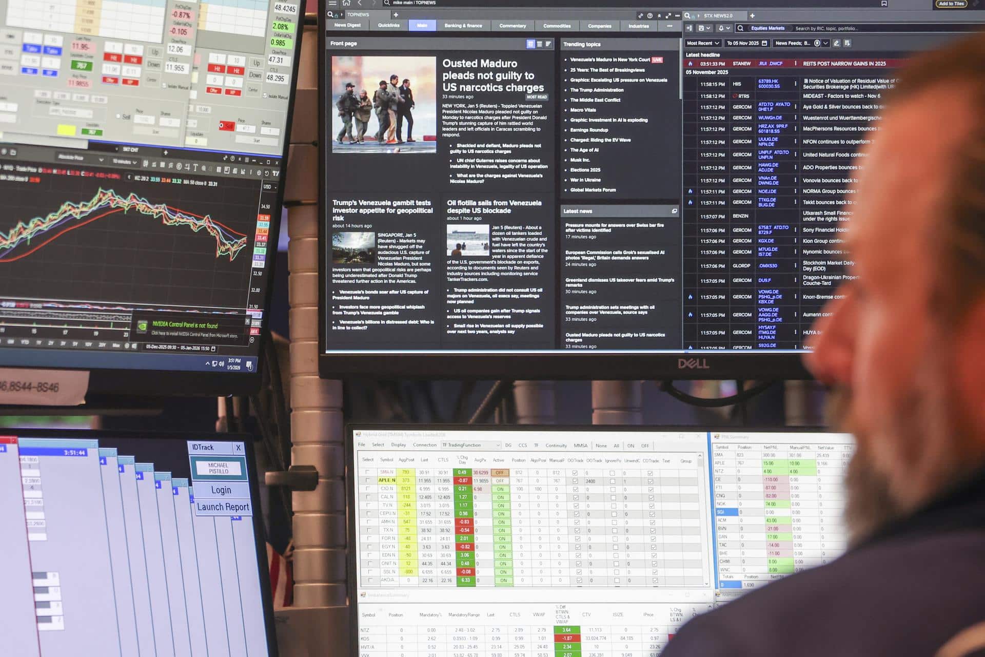 Fotografía que muestra una pantalla mientras un operador trabaja en la sala de la Bolsa de Nueva York, en Nueva York. EFE/Sarah Yenesel