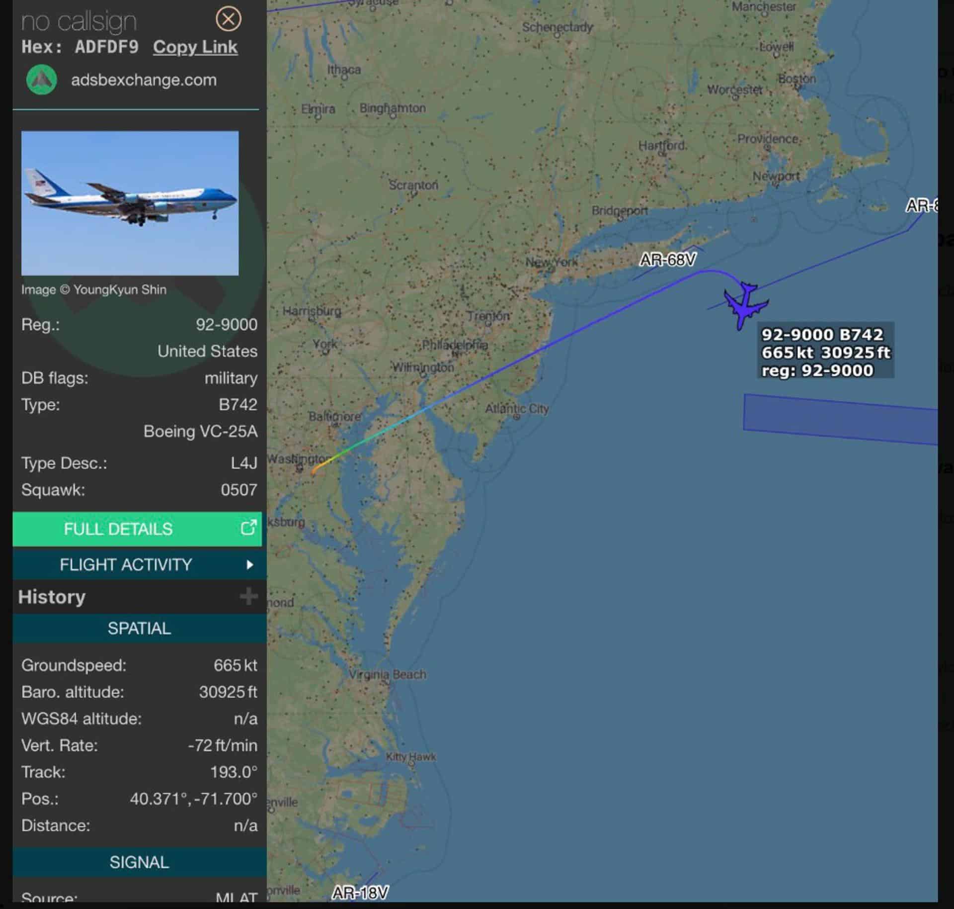 Imagen difundida por la cuenta en X @RapidResponse47 de La Casa Blanca de la ruta del Air Force 1 del presidente de EE.UU., Donald Trump. EFE/ @RapidResponse47 /SOLO USO EDITORIAL/ SOLO DISPONIBLE PARA ILUSTRAR LA NOTICIA QUE ACOMPAÑA (CRÉDITO OBLIGATORIO)