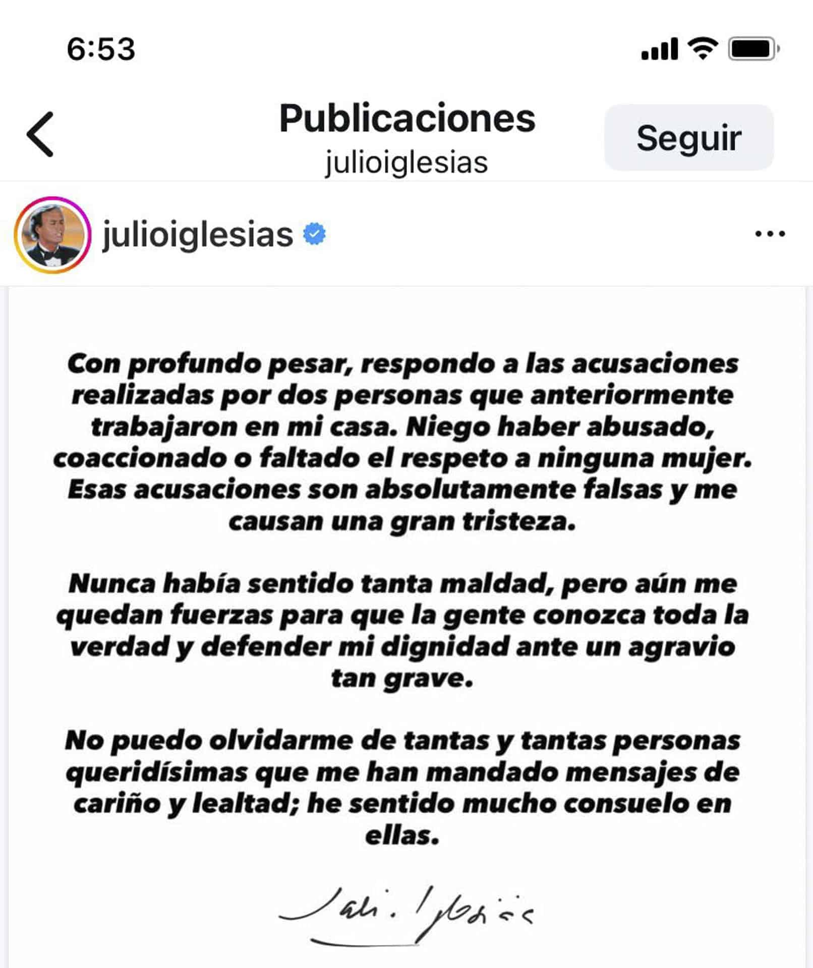 El cantante Julio Iglesias ha negado este viernes las acusaciones realizadas por dos exempleadas, quienes han asegurado que el artista abusó sexualmente de ellas. EFE/Cuenta de Instagram de Julio Iglesias -SOLO USO EDITORIAL/SOLO DISPONIBLE PARA ILUSTRAR LA NOTICIA QUE ACOMPAÑA (CRÉDITO OBLIGATORIO)-