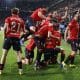 Los jugadores de Osasuna celebran el gol de Raúl García durante el partido de la jornada 25 de LaLiga que disputaron CA Osasuna y Real Madrid en el estadio de El Sadar, en Pamplona. EFE/ Jesús Diges