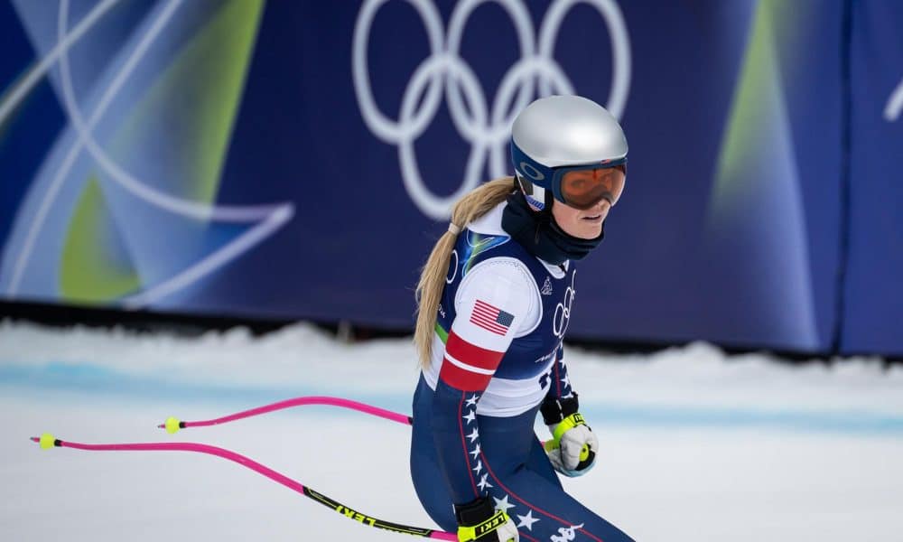 La estadounidense Lindsey Vonn en un entrenamiento durante los Juegos de MIlán Cortina. EFE/EPA/ANDREA SOLERO