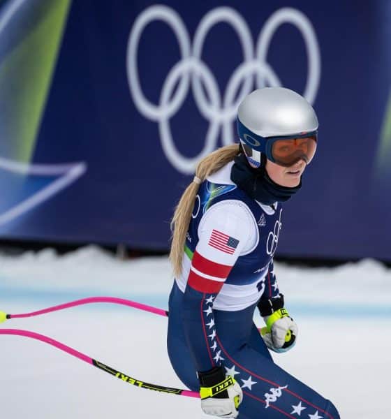 La estadounidense Lindsey Vonn en un entrenamiento durante los Juegos de MIlán Cortina. EFE/EPA/ANDREA SOLERO
