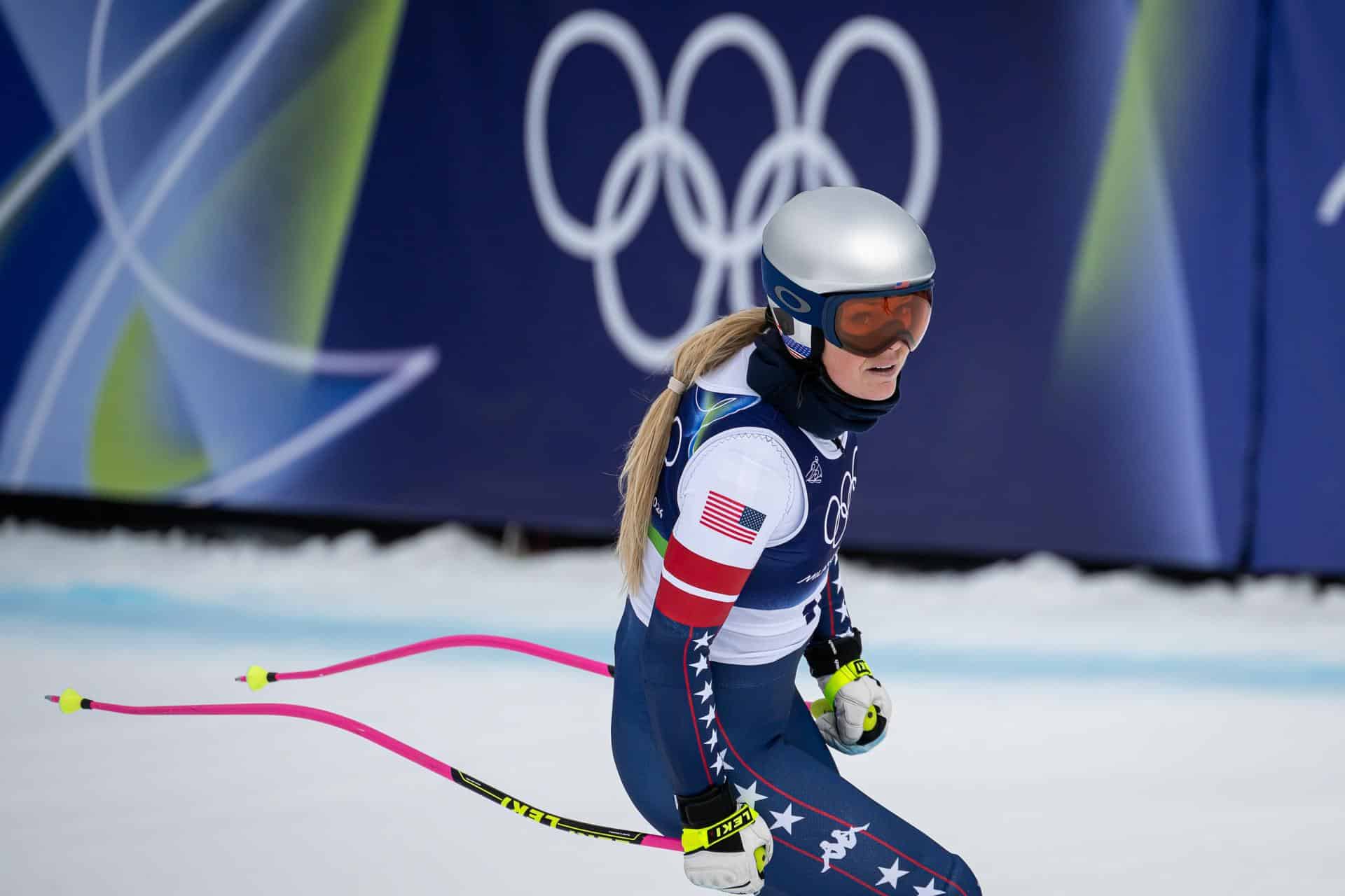 La estadounidense Lindsey Vonn en un entrenamiento durante los Juegos de MIlán Cortina. EFE/EPA/ANDREA SOLERO