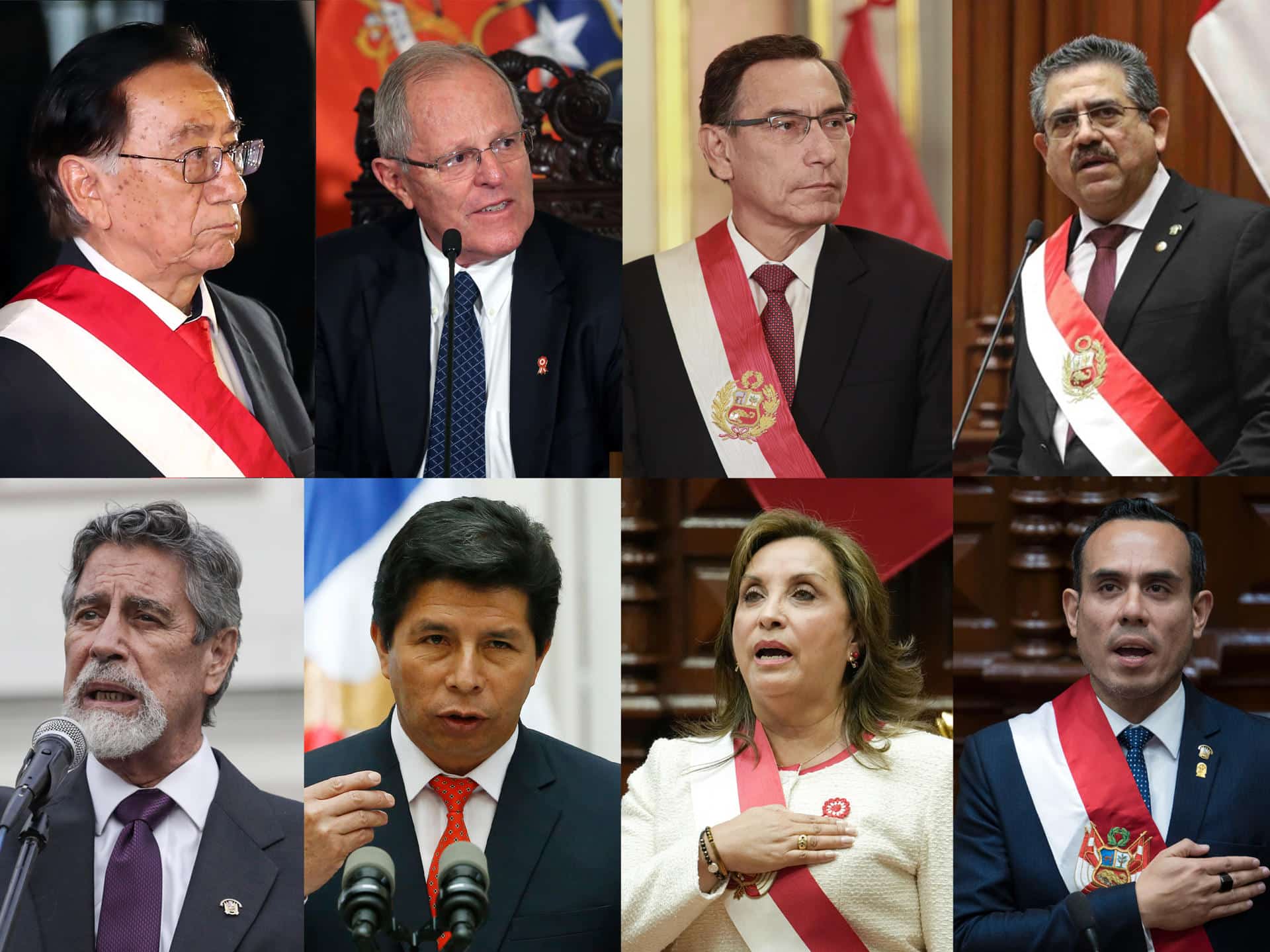 Combo de fotografías que muestra, de izquierda a derecha (arriba) al presidente interino de Perú José María Balcázar y a los expresidentes de Perú, Pedro Pablo Kuczynski, Martín Vizcarra, Manuel Merino, (abajo), Francisco Sagasti, Pedro Castillo, Dina Boluarte y José Jerí. EFE/ Paolo Aguilar / ARCHIVO/ @merinodelama