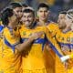 Angel Correa (c) de Tigres celebra un gol con sus compañeros este viernes, en un partido del Torneo Clausura 2026 de la Liga MX entre Tigres y Santos Laguna en el Estadio Universitario, San Nicolás de los Garza (México). EFE/Miguel Sierra.