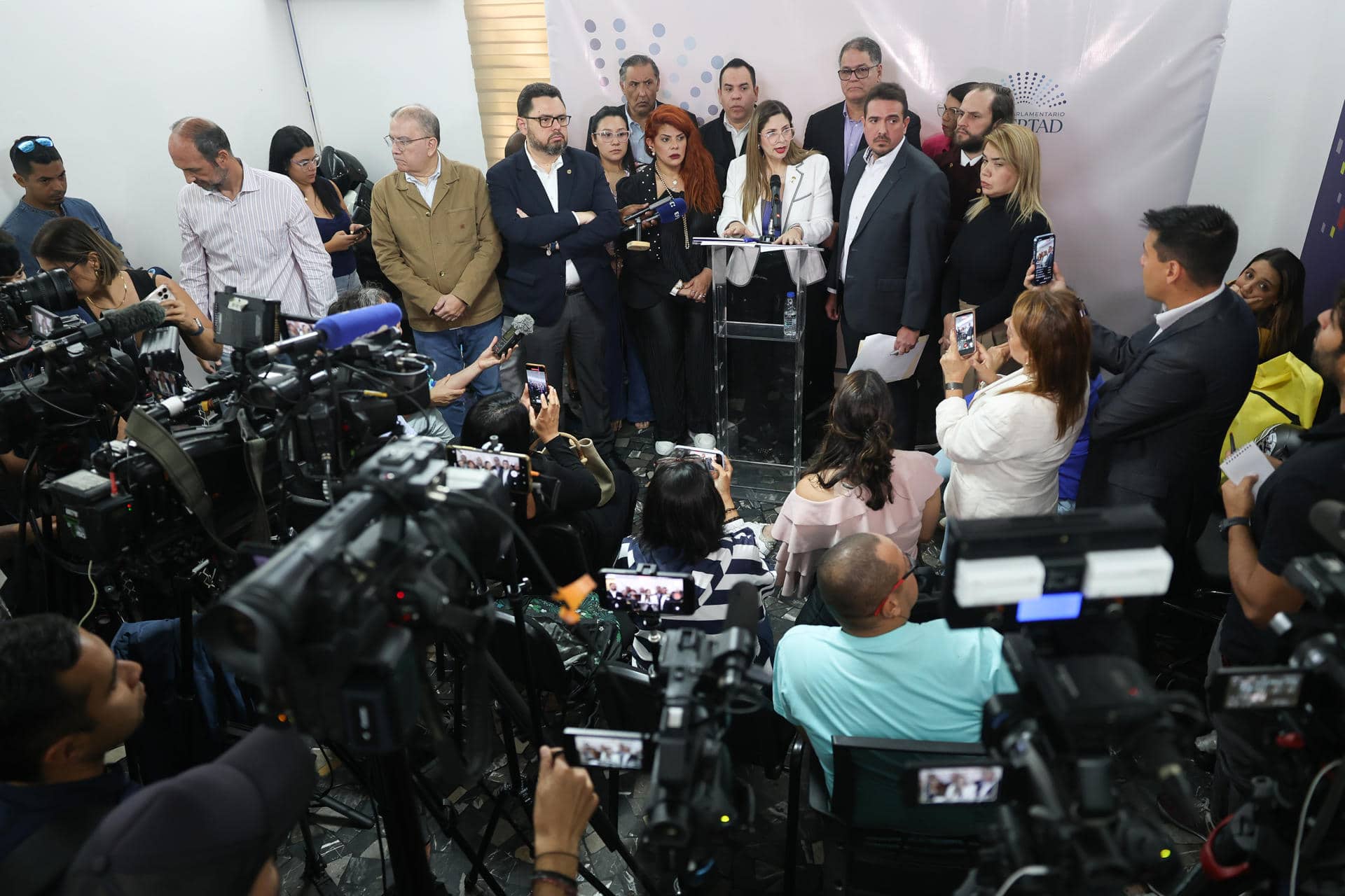 La diputada opositora Nora Bracho (c) habla en una rueda de prensa este viernes, en Caracas (Venezuela). EFE/ Miguel Gutiérrez