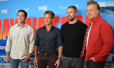 El productor y director estadounidense, Matt Nix (i), el actor David Chokachi (2-i), el actor canadiense Stephen Amell (2-d) y el productor Joseph McGinty Nichol, posan durante un casting este miércoles, en Los Ángeles (Estados Unidos). EFE/ Mónica Rubalcava