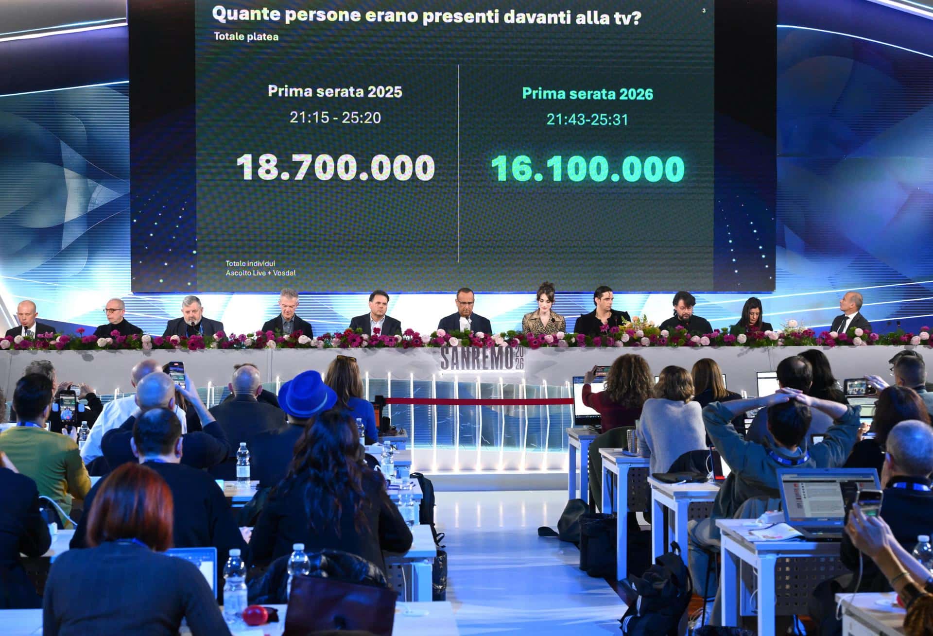 (De izquierda a derecha) El director de Prime Time Williams Di Liberatore, el presentador y director artístico del Festival de San Remo, Carlo Conti, el actor italiano Pilar Fogliati, el cantante italiano Achille Lauro y el actor italiano Lillo Petrolo asisten a una conferencia de prensa en el 76º Festival de la Canción Italiana de San Remo, San Remo, Italia, 25 de febrero de 2026. El Festival de Música se celebrará del 24 al 28 de febrero de 2026. (Italia) EFE/EPA/ETTORE FERRARI