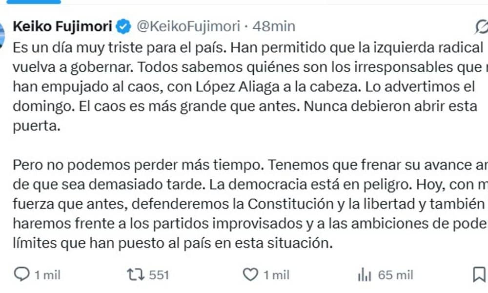 Captura tomada de la cuenta en X @KeikoFujimori de la candidata la Presidencia de Perú Keiko Fujimori de una publicación este jueves, tras la elección del presidente interino de Perú José María Balcázar. EFE/ @KeikoFujimori