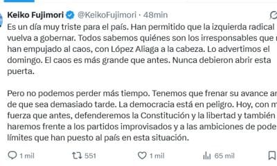 Captura tomada de la cuenta en X @KeikoFujimori de la candidata la Presidencia de Perú Keiko Fujimori de una publicación este jueves, tras la elección del presidente interino de Perú José María Balcázar. EFE/ @KeikoFujimori