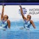 La dupla de Colombia, compuesta por Sara Castañeda y Melisa Ceballos, participa en la primera parada de la Copa del Mundo de natación artística 2026 en Medellín (Colombia). EFE/ STR
