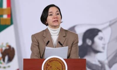 La titular del Secretariado Ejecutivo del Sistema Nacional de Seguridad Pública (SESNSP), Marcela Figueroa, participa en una rueda de prensa este martes, en el Palacio Nacional en Ciudad de México (México). EFE/Mario Guzmán