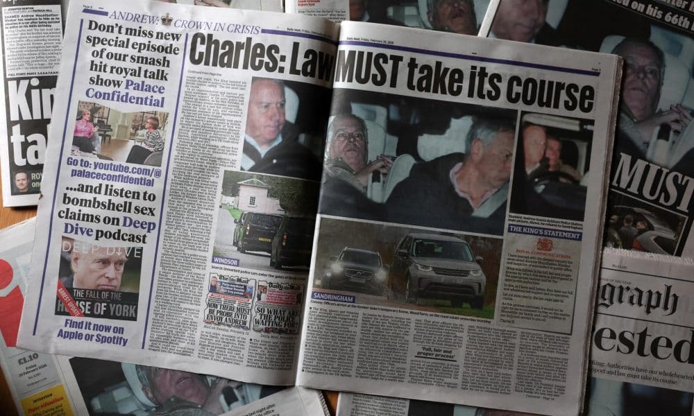 Archivo - LIVERPOOL (Reino Unido), 20/02/2026.- Periódicos británicos tras la detención del expríncipe Andrew Mountbatten-Windsor, arrestado el 19 de febrero por la Policía de Thames Valley bajo sospecha de mala conducta en el ejercicio de un cargo público. EFE/EPA/ADAM VAUGHAN