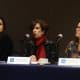 La directora general de México Unido contra la delincuencia Luisa Sánchez (i), la periodista Denisse Dresser (c) y la directora para las Américas de Human Rights Watch (HRW), Juanita Goebertus (d), participan en una rueda de prensa este miércoles en Ciudad de México (México). EFE/ Sáshenka Gutiérrez