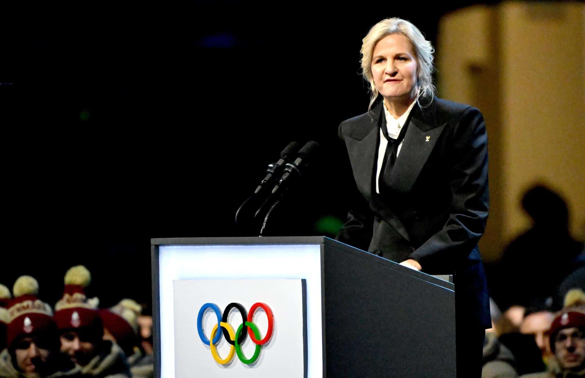 La presidenta del Comité Olímpico Internacional (COI), Kirsty Coventry, durante la ceremonia de inauguración de los Juegos Olímpicos de Milán Cortina 2026, celebrada este viernes. EFE/PETER KNEFFEL / POOL