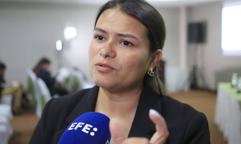 La asesora legal del Centro de Estudios para la Democracia (Cespad), Osiris Payes, habla durante una rueda de prensa este martes, en Tegucigalpa (Honduras). EFE/Gustavo Amador