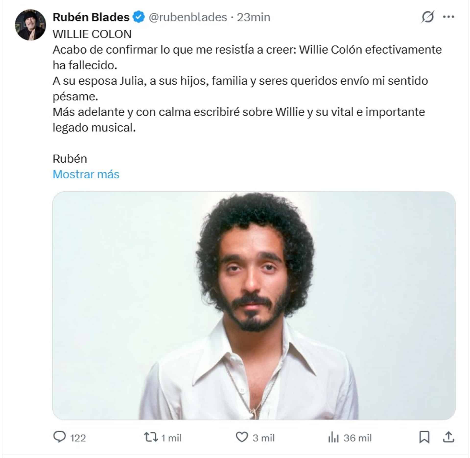 Captura tomada de la cuenta en X @rubenblades del cantante panameño Rubén Blades de una publicación este sábado, tras el fallecimiento del emblemático trombonista, compositor e intérprete Willie Colón. EFE/ @rubenblades /SOLO USO EDITORIAL/ NO VENTAS/ SOLO DISPONIBLE PARA ILUSTRAR LA NOTICIA QUE ACOMPAÑA (CRÉDITO OBLIGATORIO)