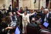 Fotografía cedida por el Senado de la Nación de Argentina que muestra a la senadora argentina Patricia Bullrich (c) celebrando junto a sus colegas este viernes, en el recinto del Senado de la Nación en Buenos Aires (Argentina). EFE/ Luciano Ingaramo/ Senado de Argentina

