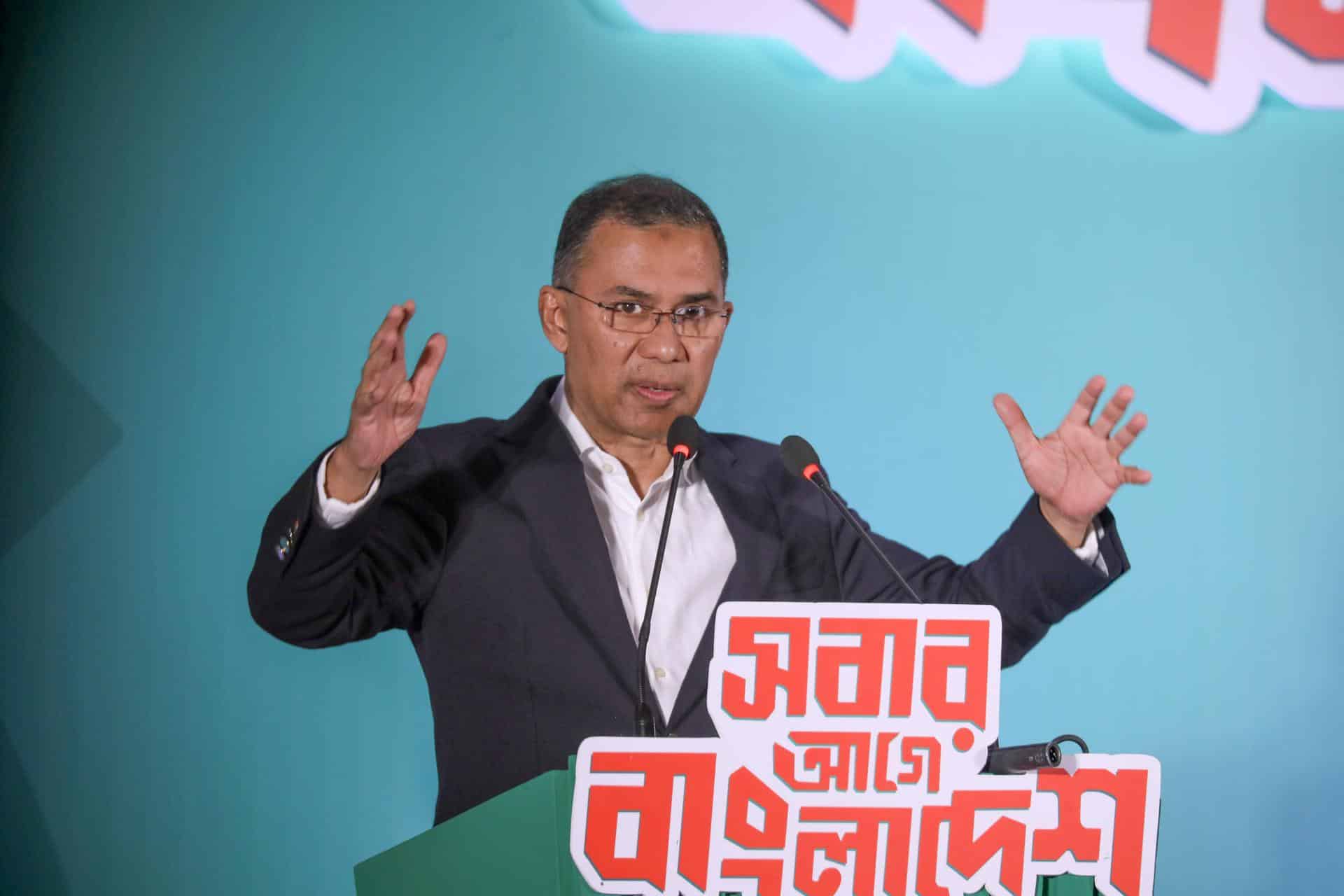 Fotografía de archivo, tomada el 06/02/2026, que muestra al líder opositor Tarique Rahman hablando en un acto en Daca, Bangladés. EFE/EPA/MONIRUL ALAM