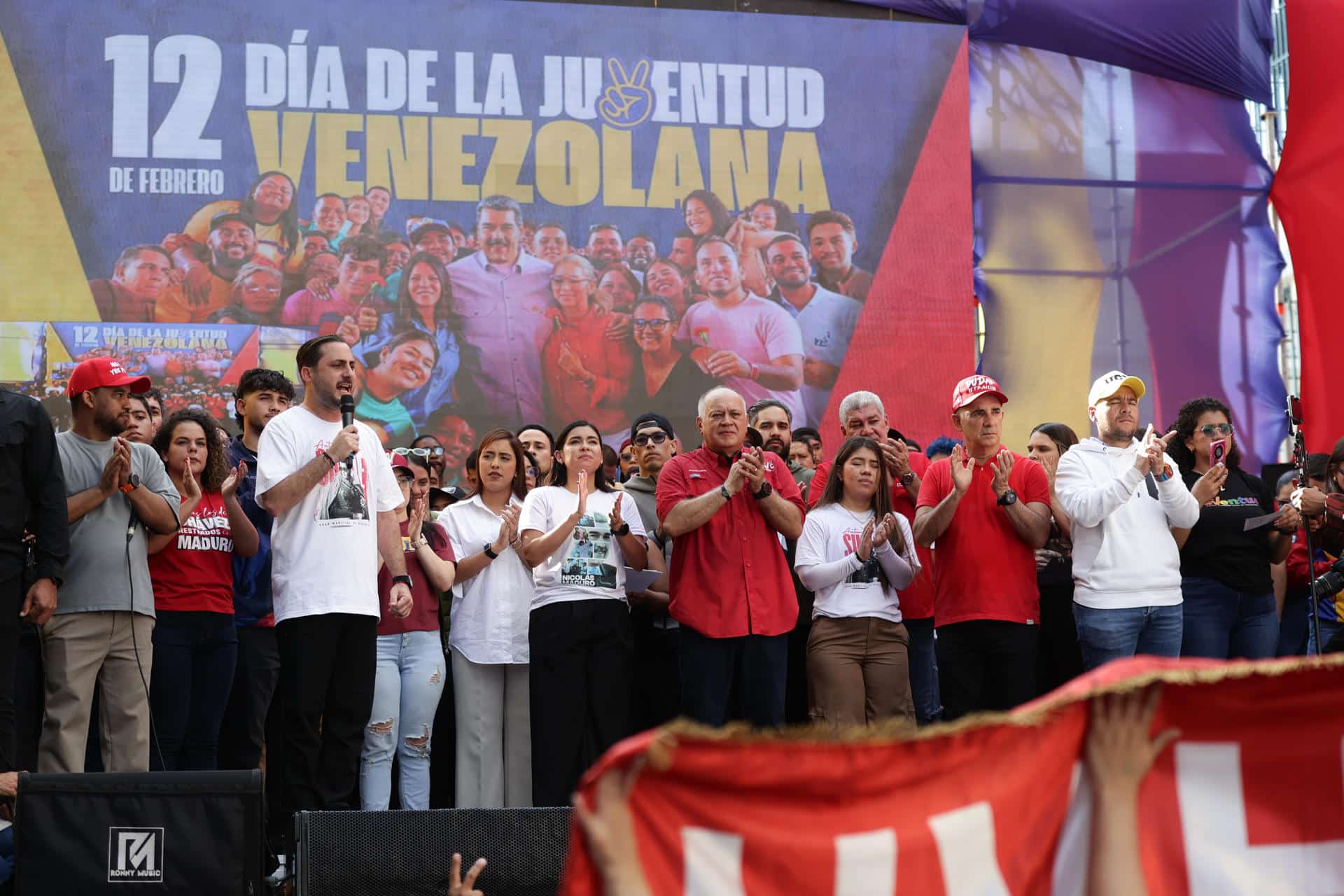 El ministro de Interior de Venezuela, Diosdado Cabello (c), participa en una manifestación por el día de la juventud este 12 de febrero de 2026, Caracas (Venezuela). EFE/ Ronald Peña R