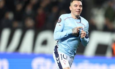 El jugador del Celta Iago Aspas, celebrando un gol durante el partido de este jueves contra el PAOK, correspondiente a la Liga Europa. EFE/ ACHILLEAS CHIRAS