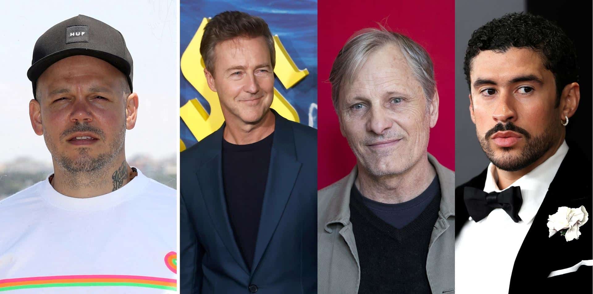 Composición de cuatro fotografías de archivo donde aparecen de izquierda a derecha el artista puertorriqueño René Pérez Joglar (Residente), los actores Edward Norton y Viggo Mortensen y el cantante Bad Bunny. EFE/ S. Barrenechea/ JC Hidalgo/ J. Cebollada / O. Guzmán