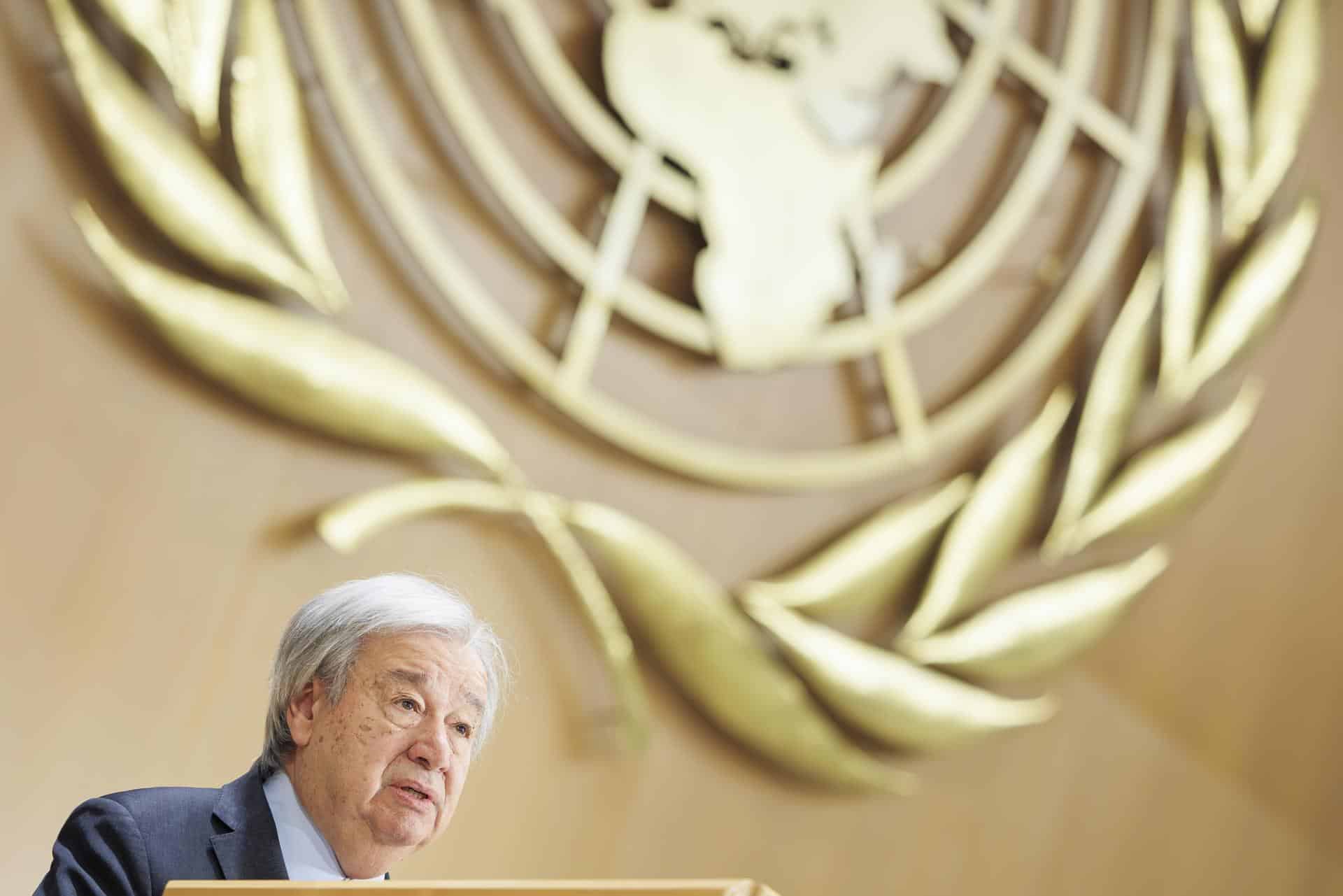 El secretario general de la ONU, Antonio Guterres, habla durante la apertura de la 61ª sesión del Consejo de Derechos Humanos de las Naciones Unidas en la sede europea de las Naciones Unidas en Ginebra, Suiza, 23 de febrero de 2026. (Suiza, Ginebra) EFE/EPA/VALENTIN FLAURAUD