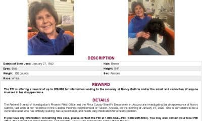 Fotografía cedida por el FBI que muestra el cartel de búsqueda de Nancy Guthrie, la mujer de 84 años desaparecida desde la noche del sábado 31 de enero en la ciudad de Tucson, Arizona (Estados Unidos). EFE/FBI /SOLO USO EDITORIAL /NO VENTAS /SOLO DISPONIBLE PARA ILUSTRAR LA NOTICIA QUE ACOMPAÑA /CRÉDITO OBLIGATORIO