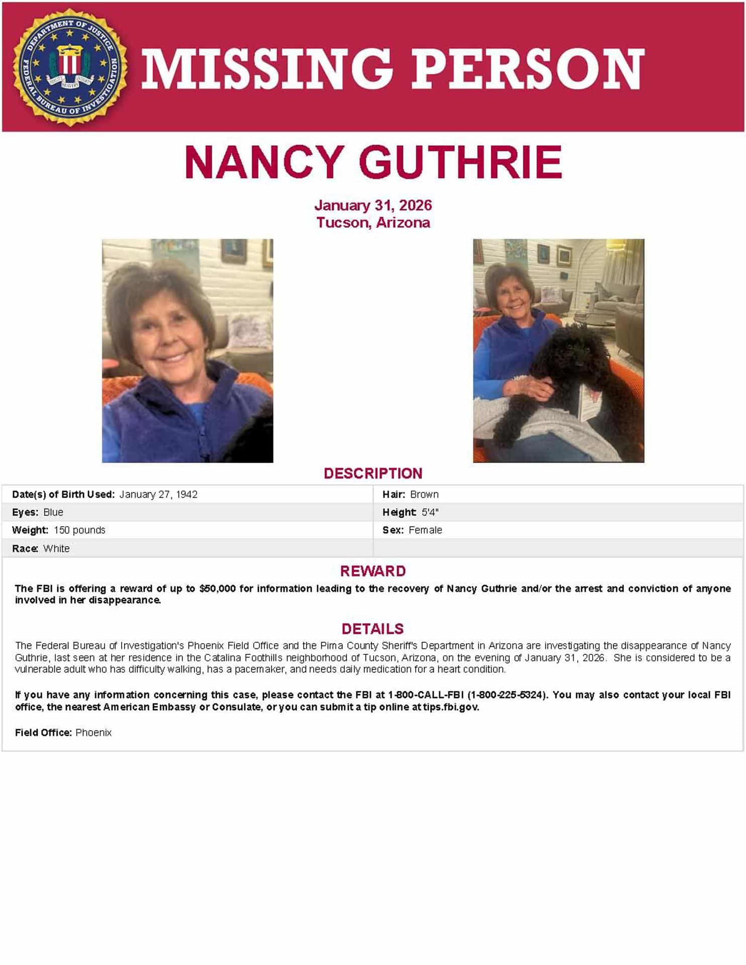 Fotografía cedida por el FBI que muestra el cartel de búsqueda de Nancy Guthrie, la mujer de 84 años desaparecida desde la noche del sábado 31 de enero en la ciudad de Tucson, Arizona (Estados Unidos). EFE/FBI /SOLO USO EDITORIAL /NO VENTAS /SOLO DISPONIBLE PARA ILUSTRAR LA NOTICIA QUE ACOMPAÑA /CRÉDITO OBLIGATORIO