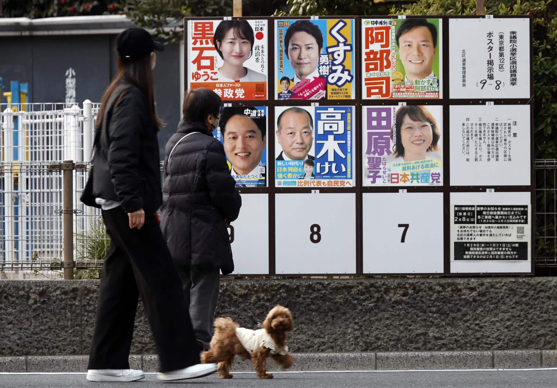 Los transeúntes miran un tablero que muestra carteles de campaña de los candidatos que se postulan para las próximas elecciones generales en Tokio, Japón, el 5 de febrero de 2026. EFE/EPA/Franck Robichon