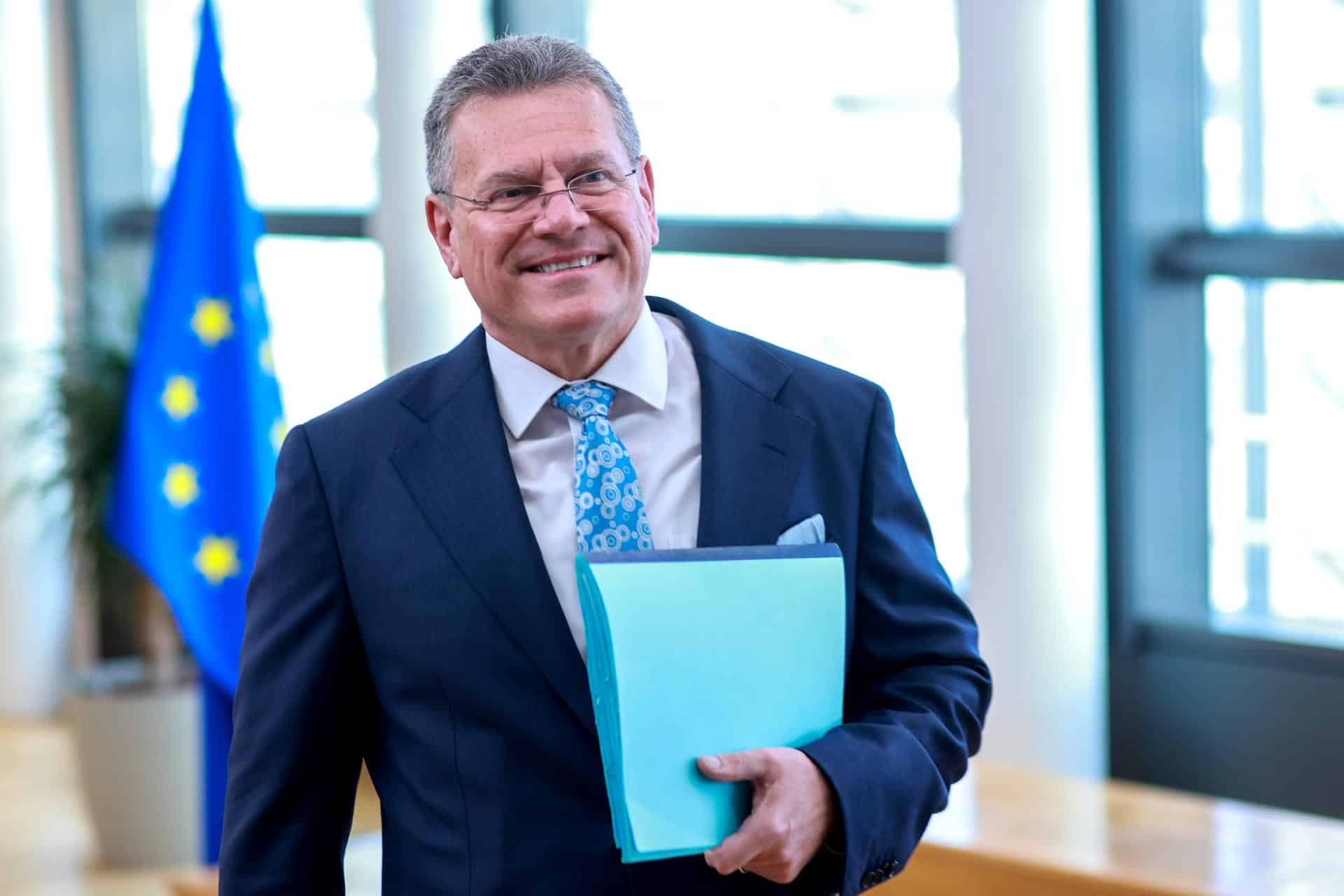 El comisario europeo de comercio y seguridad económica, Maros Sefcovic, el pasado miércoles en Bruselas. EFE/EPA/OLIVIER HOSLET
