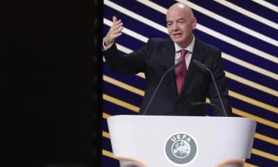 El presidente de la FIFA, Gianni Infantino, durante su participación en el 50 Congreso Ordinario de la UEFA, en Bruselas. EFE/EPA/CHRISTOPHER NEUNDORF