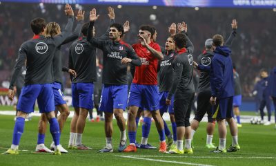 Jugadores del Atlético de Madrid durante el calentamiento previo al encuentro correspondiente a la ida de los octavos de final de la Liga de Campeones que disputaron Atlético de Madrid y Tottenham en el estadio Metropolitano, en Madrid. EFE / Kiko Huesca.