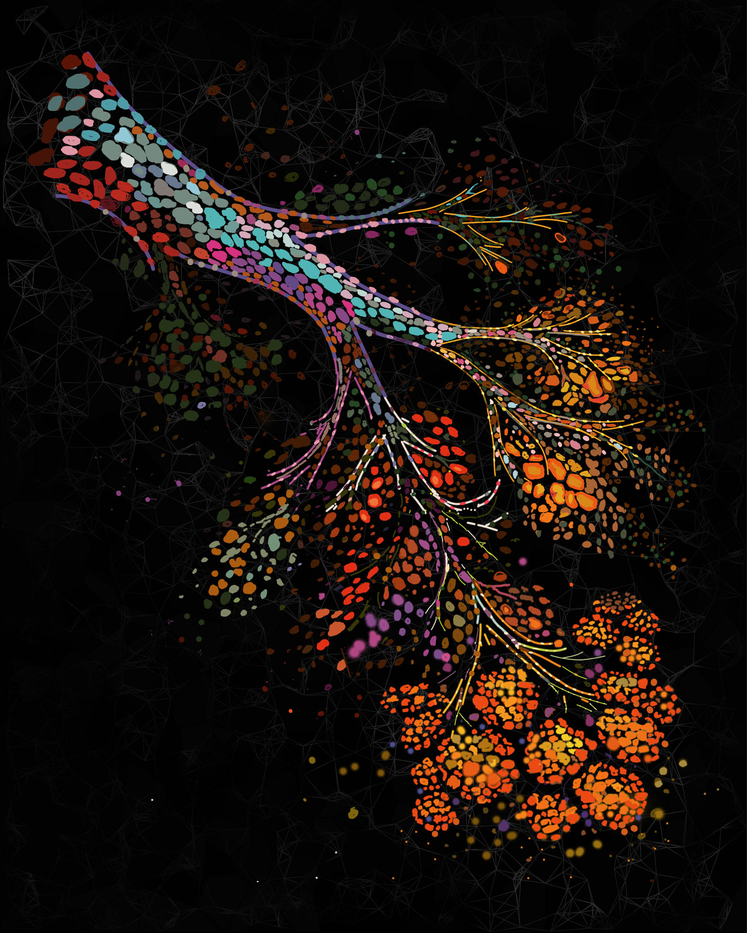 En la imagen, ilustración que representa la remodelación espacial a múltiples escalas de la mama humana a medida que envejece, con una red ductal ramificada incrustada en un microentorno denso y rico en células que da paso progresivamente a tejido rico en grasa con la edad.  EFE/ Investigadores de las universidades de Cambridge y de la Columbia Británica/SOLO USO EDITORIAL/SOLO DISPONIBLE PARA ILUSTRAR LA NOTICIA QUE ACOMPAÑA (CRÉDITO OBLIGATORIO)