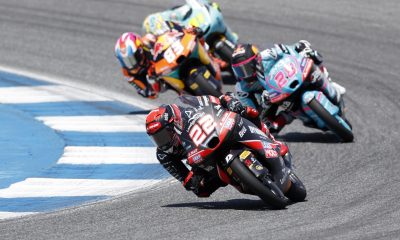 El piloto español de Moto3 David Almansa, del equipo Liqui Moly Dynavolt Intact GP, en acción durante la carrera de Moto3 del Gran Premio de Motociclismo de Tailandia en el Circuito Internacional de Chang, provincia de Buriram. EFE/EPA/RUNGROJ YONGRIT