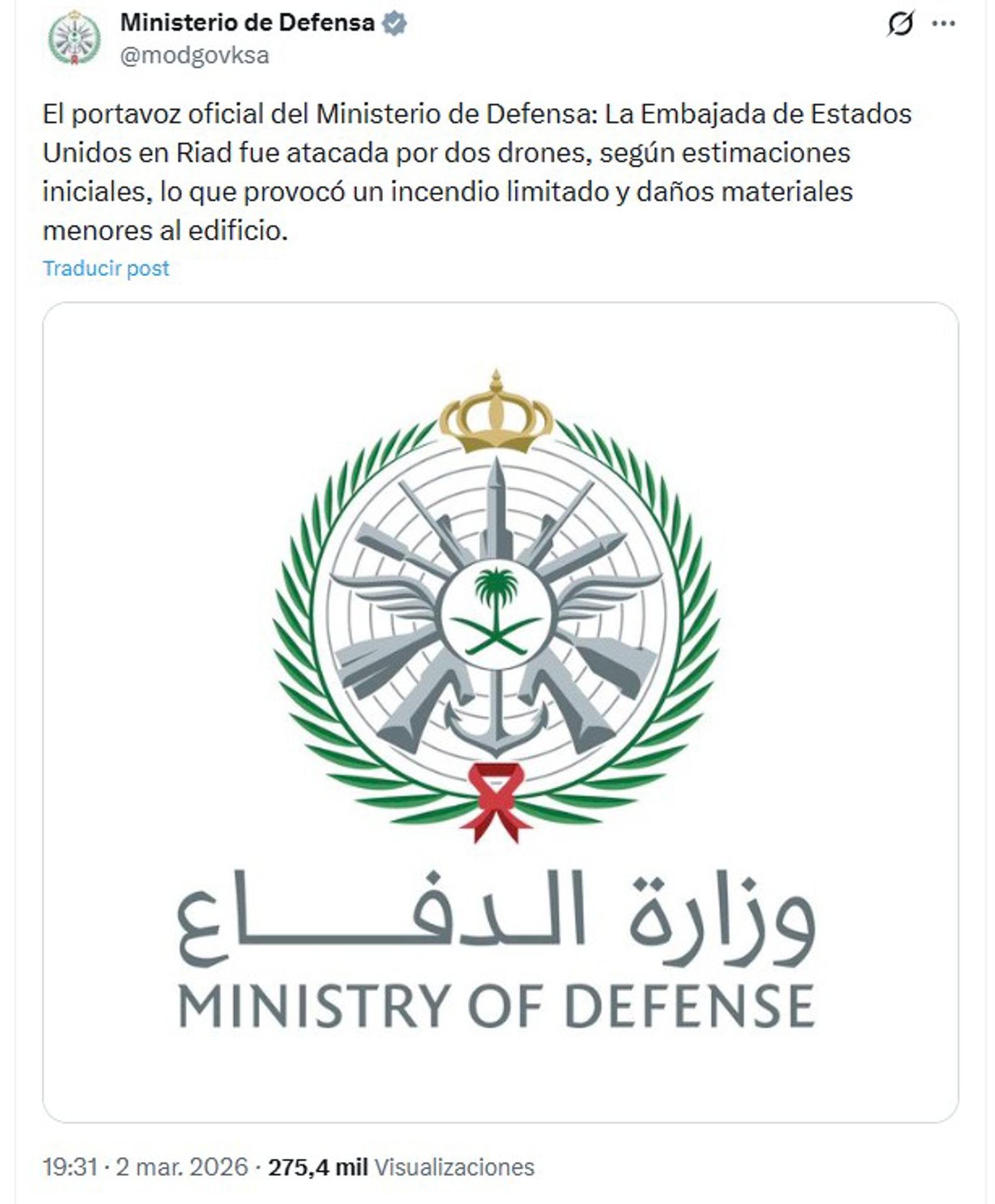 Captura de una publicación en la cuenta en X @modgovksa del Ministerio de Defensa del Reino de Arabia Saudí donde informa que la embajada de Estados Unidos en Riad fue atacada por drones este lunes. EFE/ @modgovksa /SOLO USO EDITORIAL/ SOLO DISPONIBLE PARA ILUSTRAR LA NOTICIA QUE ACOMPAÑA (CRÉDITO OBLIGATORIO)