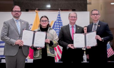 Fotografía cedida en la que aparece el ministro de Interior de Ecuador, John Reimberg (i); la vicepresidenta de Ecuador, María José Pinto (c-i); el agregado de Negocios de la Embajada de Estados Unidos en Ecuador, Lawrence Petroni (c-d); y el agregado regional del FBI, Allen Pack posando este 11 de marzo de 2026, en Guayaquil (Ecuador). EFE/ Embajada de Estados Unidos en Ecuador