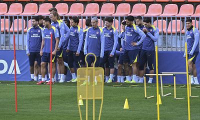Los jugadores del Atlético, durante el entrenamiento de este sábado. EFE/ Fernando Villar