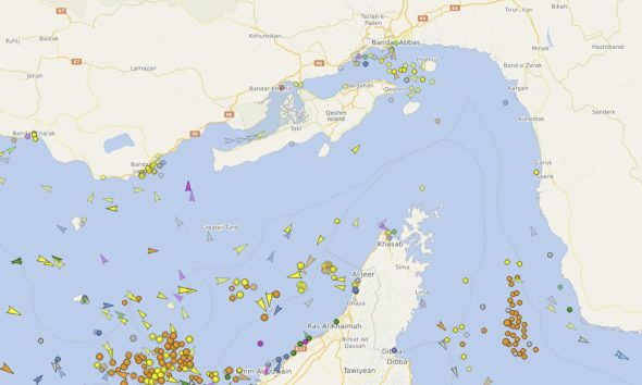 Captura que muestra la disminución del tráfico marítimo en el estrecho de Ormuz. La Guardia Revolucionaria iraní afirmó este jueves que el estrecho de Ormuz está bajo el control de la República Islámica según las leyes internacionales y avisó de que los buques que no cumplan con los protocolos podrían ser atacados o hundidos. EFE/ Vesselfinder.com  - SOLO USO EDITORIAL/SOLO DISPONIBLE PARA ILUSTRAR LA NOTICIA QUE ACOMPAÑA (CRÉDITO OBLIGATORIO) -