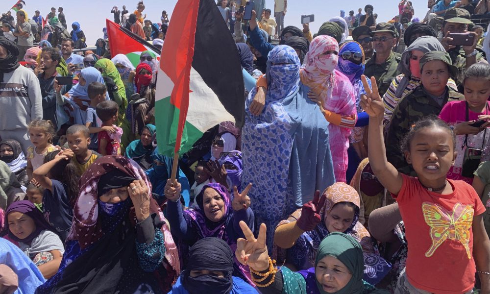 FOTO ARCHIVO. - Con el lema "Medio siglo de constancia y empeño por imponer la existencia", escrito en árabe y español, miles de saharauis en los campamentos de refugiados. EFE/ Laura Fernández Palomo