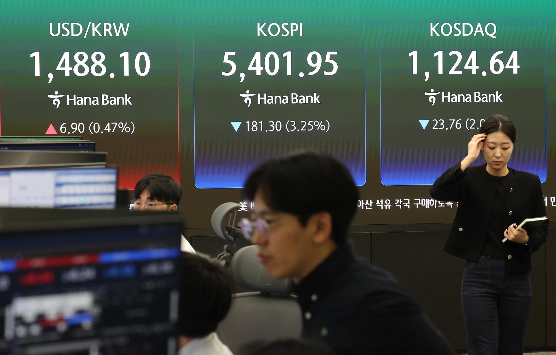 Seúl (Corea del Sur), 13/03/2026.- Una pantalla de datos financieros en la sala de operaciones de Hana Bank muestra que el índice bursátil de referencia Korea Composite Stock Price Index cayó 181,30 puntos, o un 3,25 por ciento, hasta un mínimo intradiario de 5.401,95 durante la sesión matutina en Seúl, Corea del Sur, el 13 de marzo de 2026. EFE/EPA/YONHAP SOUTH KOREA OUT