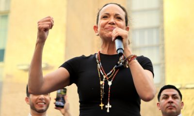 La líder opositora y premio nobel de la Paz, María Corina Machado, habla durante un evento con la diaspora venezolana este martes, en Houston (EE.UU.). EFE/ Carlos Ramírez