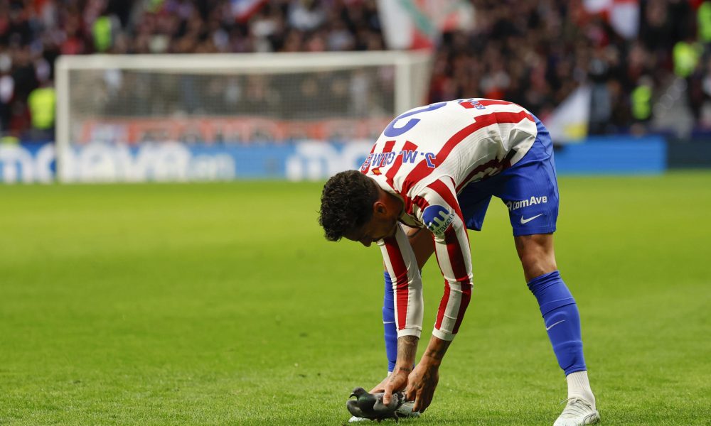 El defensa del Atlético de Madrid José Giménez retira un paloma del terreno de juego, durante el partido de la jornada 27 de LaLiga que disputan Atlético de Madrid y Real Sociedad en el estadio Metropolitano de Madrid. EFE/Mariscal