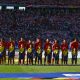 Los jugadores de España escuchan el himno antes de un partido de la Eurocopa 2024 en foto de archivo de J.J.Guillén. EFE