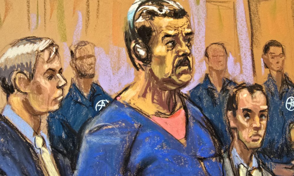 Fotografía de un dibujo de Jane Rosenberg donde aparece el presidente de Venezuela, Nicolás Maduro, compareciendo ante un tribunal federal de Nueva York. EFE/ Jane Rosenberg