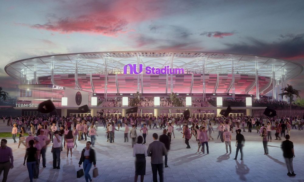 Fotografía cedida por el Inter Miami CF que muestra una ilustración conceptual del nuevo estadio de fútbol 'Nu Stadium'. El nuevo estadio de fútbol del Inter Miami se llamará de forma oficial Nu Stadium, como el banco digital brasileño Nu, que busca expandirse en Estados Unidos, anunciaron este miércoles ambas organizaciones a un mes de que se inaugure el recinto. EFE/ Inter Miami CF /SOLO USO EDITORIAL/ NO VENTAS/ SOLO DISPONIBLE PARA ILUSTRAR LA NOTICIA QUE ACOMPAÑA (CRÉDITO OBLIGATORIO)