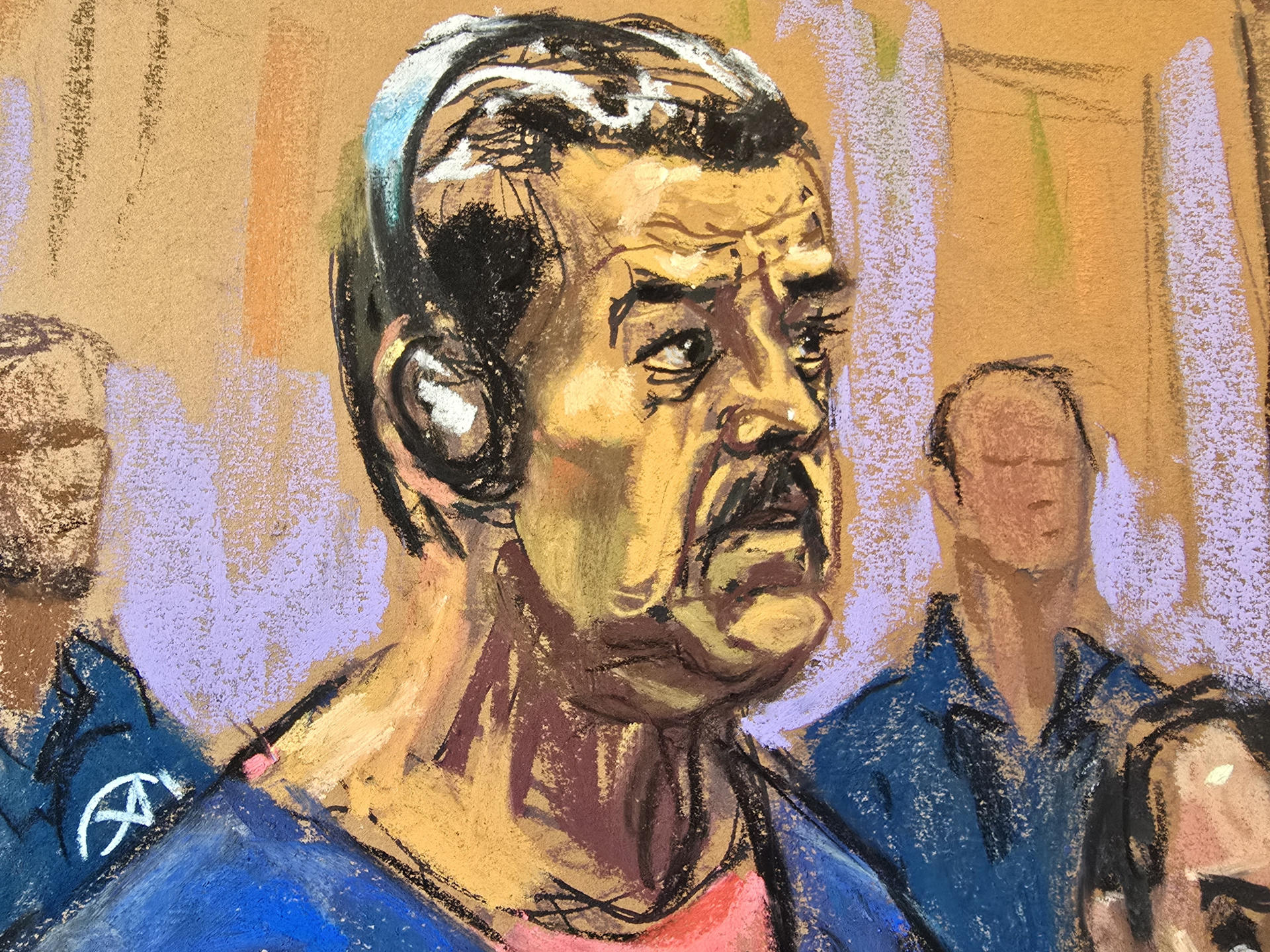 Fotografía de archivo de un dibujo realizado por la artista Jane Rosenberg donde aparece el presidente de Venezuela, Nicolás Maduro, compareciendo ante un tribunal federal en Nueva York (EE.UU.). EFE/ Jane Rosenberg