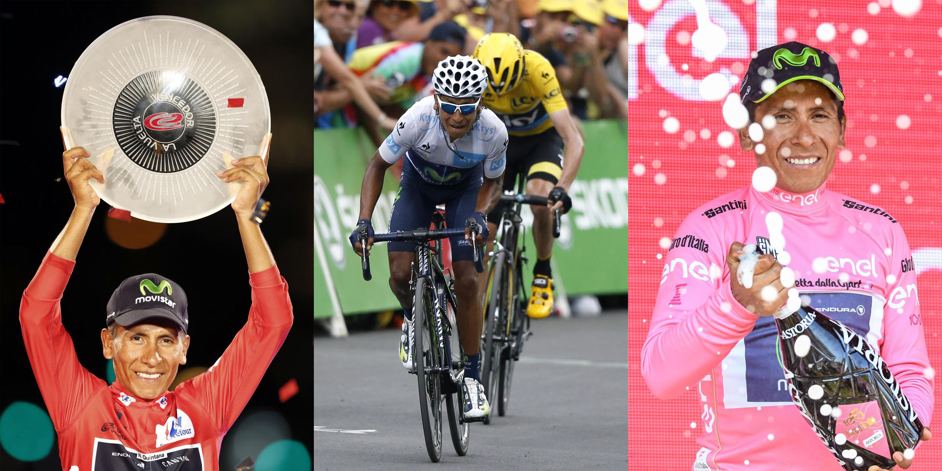 Combo de fotografías de archivo del ciclista colombiano Nairo Quintana levantando el trofeo de campeón de la vuelta a España 2016 (i), durante el Tour de Francia (c) y en el podio como ganador del Giro de Italia 2014 (d). EFE/ Javier Lizón, Sebastien Nogier, Alessandro Di Meo / ARCHIVO