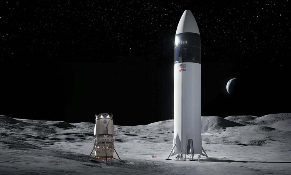 Fotografía cedida por la NASA que muestra una ilustración del módulo de aterrizaje Blue Moon de Blue Origin (i) y el módulo de aterrizaje Starship de SpaceX (d) en la superficie lunar. EFE/ NASA/Blue Origin/SpaceX /SOLO USO EDITORIAL /NO VENTAS /SOLO DISPONIBLE PARA ILUSTRAR LA NOTICIA QUE ACOMPAÑA /CRÉDITO OBLIGATORIO